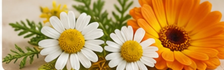 Botanische illustratie van witte kamillebloemen en oranje calendula