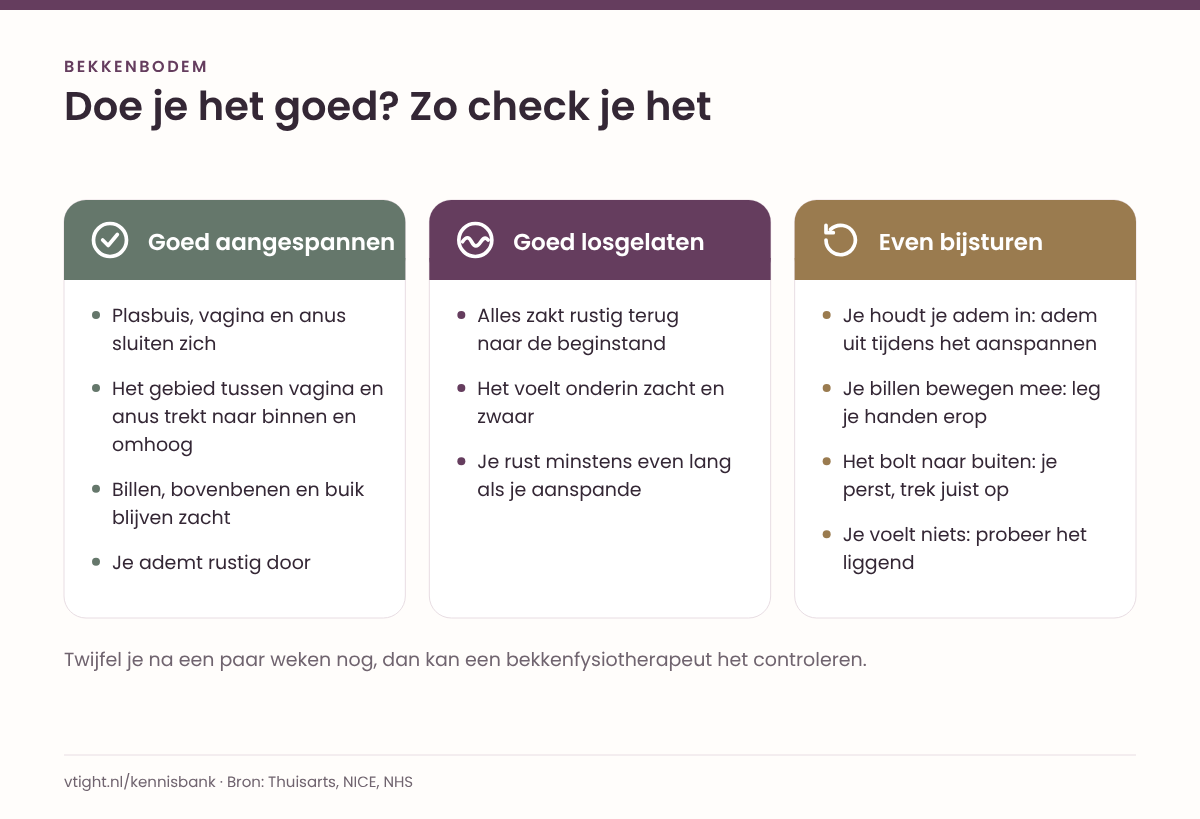 Drie kolommen: de kenmerken van goed aanspannen, de kenmerken van goed loslaten en vier veelvoorkomende fouten met hoe je ze bijstuurt.